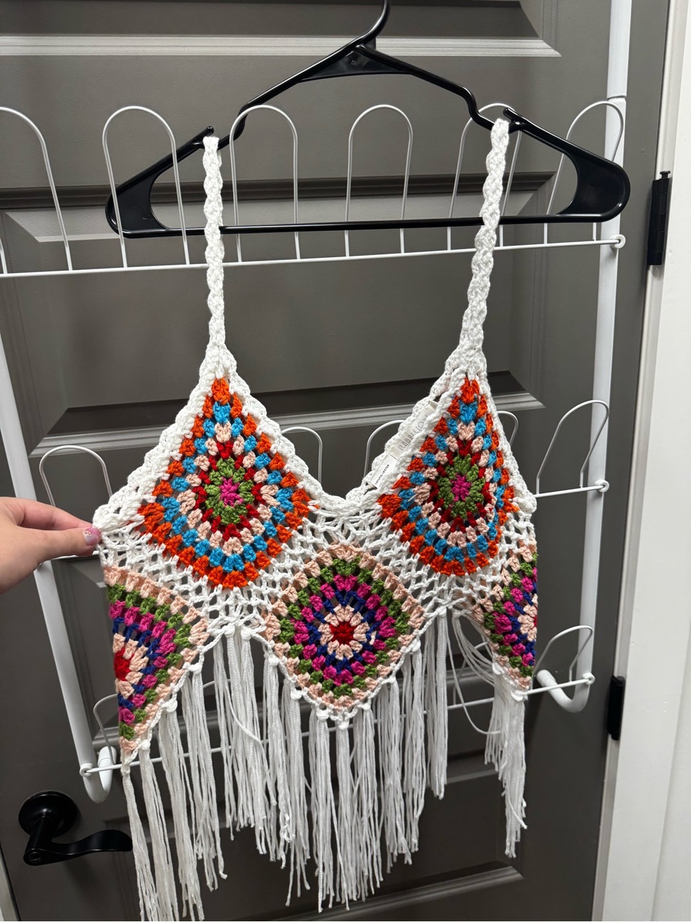 White Crochet Fringe Tank Top with Multicolor Granny Squares